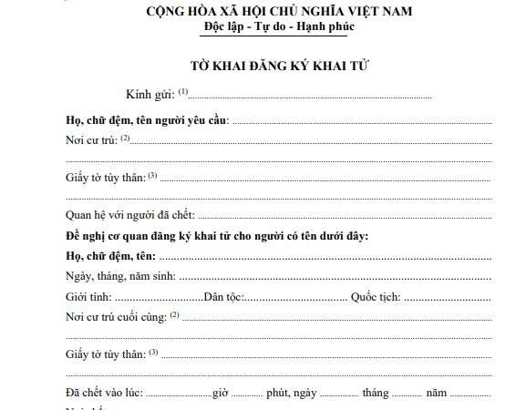 Khi đăng ký khai tử theo quy định của Luật Hộ tịch 2014, nội dung khai tử phải bao gồm các thông tin: Họ, chữ đệm, tên, năm sinh của người chết; số định danh cá nhân của người chết, nếu có; nơi chết; nguyên nhân chết; giờ, ngày, tháng, năm chết theo Dương lịch; quốc tịch nếu người chết là người nước ngoài.