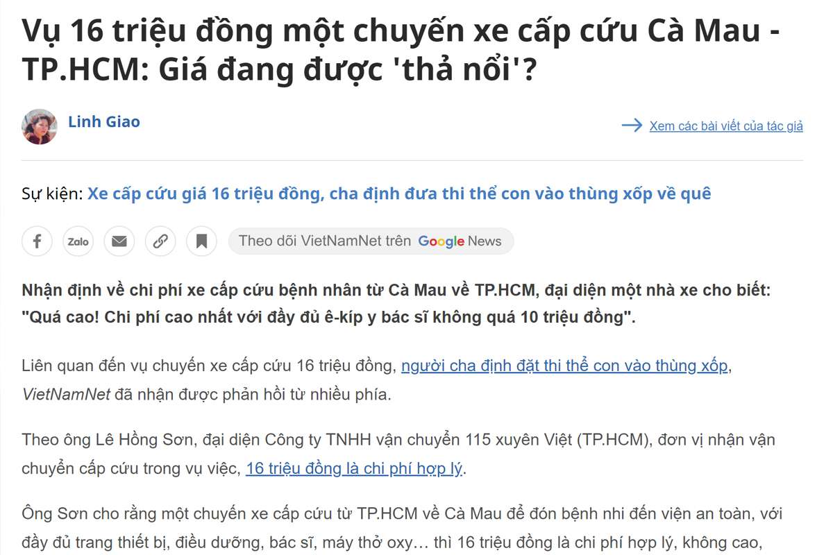 Nhiều vụ việc về dịch vụ xe cứu thương kém chất lượng